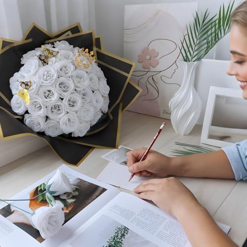CCYXSHOW DIY Glitter Roses Bouquet White Flowers - 24 Pack Fake Shiny Bouquet with Stems Butterfly Crown Eternal Floral for Halloween Elegance Wedding Bouquets Anniversary Birthday Party Gifts