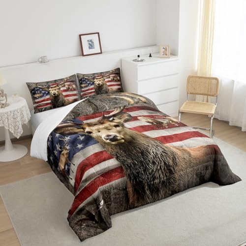 American Flag Deer Comforter Set Queen Size, Brown Wildlife Animal and Trees Theme Bedding Comforters for Children Adult, Colorful USA Flag Print Natural Polyester Duvet Set with 2 Pillowcases