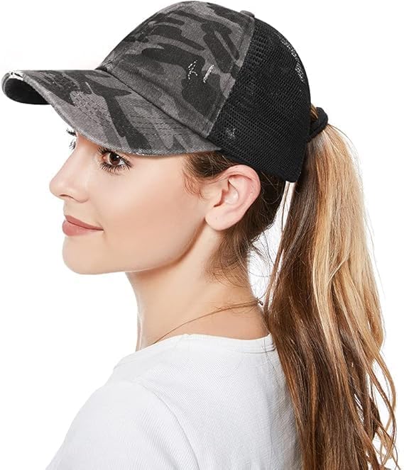 Criss Cross Hat Washed Distressed Baseball Cap Ponytail Hat High Messy Bun Ponycap for Women
