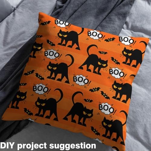 Cute Cat Fabric by The Yard Halloween Theme Soft Polyester No Stretch DIY Craft Bat Wild Animal Printed Fabrics Orange Stripes Scrapbooking Cloth,2 Yards,72" L x 59" W