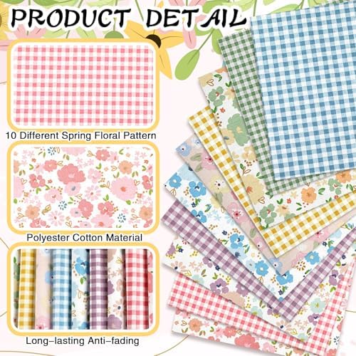 Hahafelt 10 Pcs Floral Gingham Quilting Fabric Bundles 20 x 20 Inch