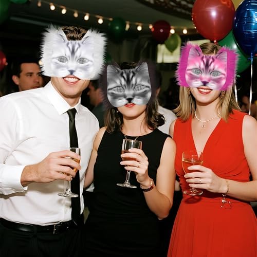 J6&H6 31 Pcs DIY Therian Mask Kit with Exclusive Funny Stickers, Blank Cat Mask,Fabric Sheet, Faux Fur and Eye Mesh Suitable for Christmas Role-Playing Parties(Pink)