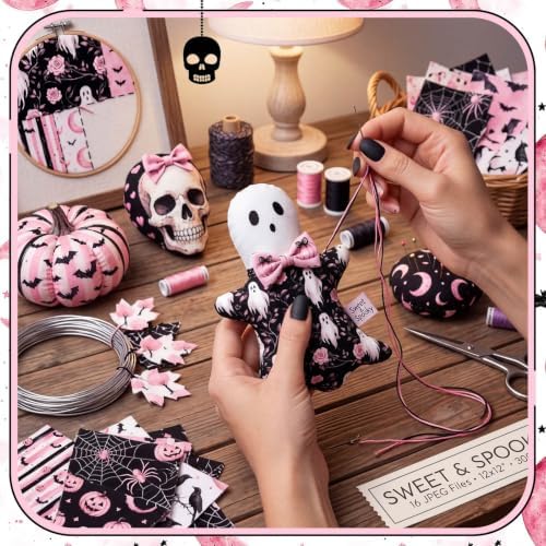 Hahafelt 10 Pcs Pink Halloween Quilting Fabric Bundles 20 x 20 Inch