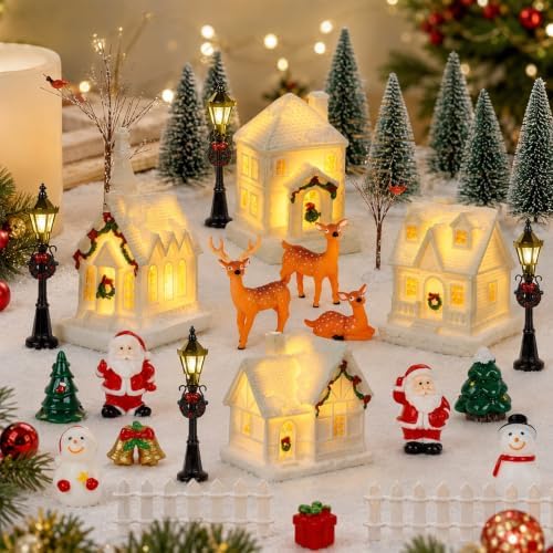 38 PCS Christmas Village Sets Christmas Figurine Village Houses Accessories White Winter Miniature Town Snow Scene Tabletop Decor with Santa Snowman Deer Street Light Pine Trees for Xmas Home Decor