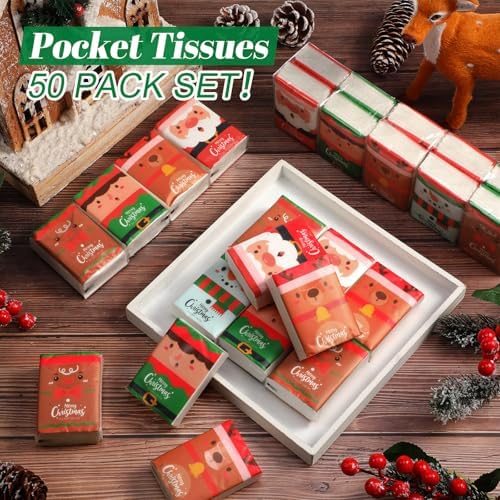 Outus 50 Pack Christmas Stocking Stuffers Pocket Tissues Travel Size