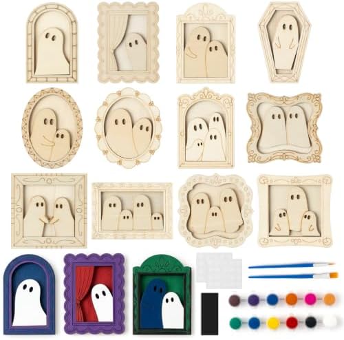 FeuuWamme Halloween Ghost Wooden Frames DIY Crafts for Kids Adults, 12Pcs