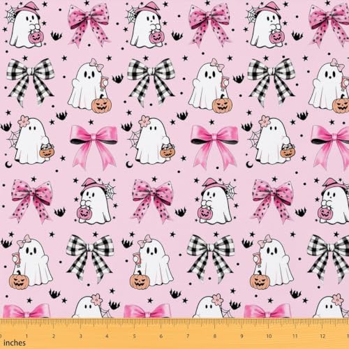 Cartoon Ghosts Fabric by The Yard Halloween Theme Pumpkin Decor Soft Polyester Sewing Fabric Pink Retro Gingham Bow Girly No Stretch Material for DIY Art Craft Making 3 Yard Bolt,108" L x 59" W