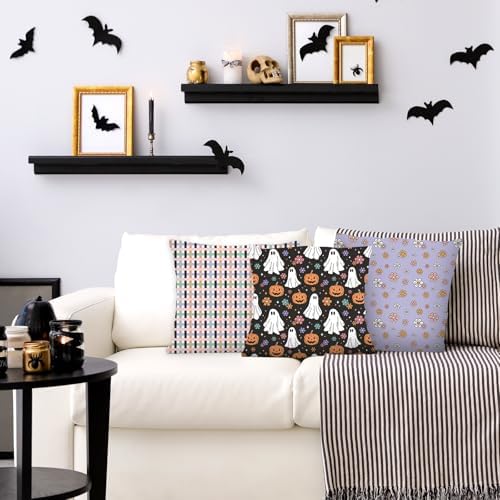 JarThenaAMCS 12Pcs Halloween Cotton Fabric Bundles Pumpkin Ghost Flower Fat Quarters Purple Black Pink Orange Quilting Patchwork for DIY Sewing Craft Decor, 18 x 22 Inch