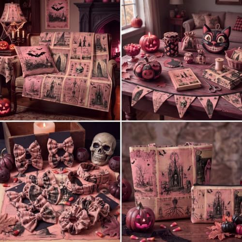 Hahafelt 10 Pcs 18"x22" Pink Halloween Fat Quarters Gothic Fabric Bundles