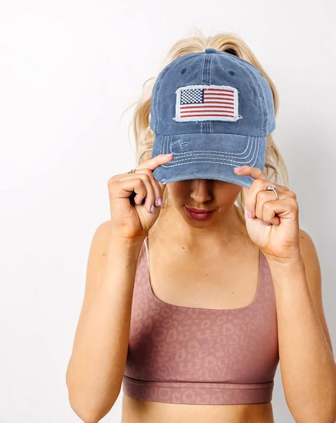 Distressed Ponytail Hat for Women American-Flag Pony Tail Caps High Bun