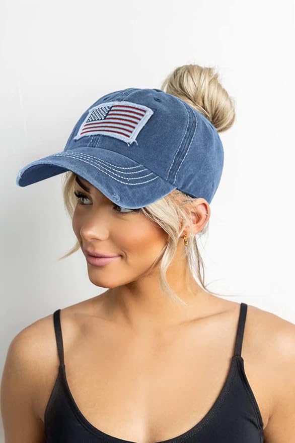 Distressed Ponytail Hat for Women American-Flag Pony Tail Caps High Bun
