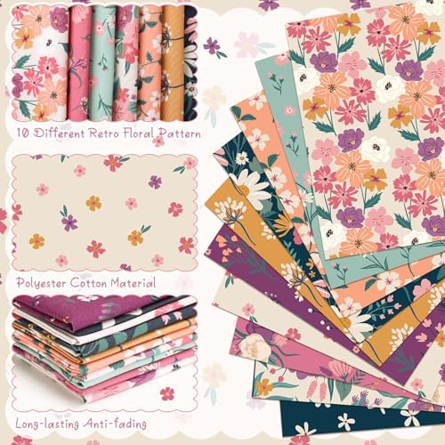 Hahafelt 10 Pcs Fall Vintage Floral Quilting Fabric Bundles 20 x 20 Inch