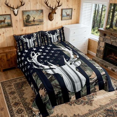 Wild Deer Antler Comforter Set Full Size,Deer Animal Rustic Green Camouflage Bedding Comforter for Boys Man,Western Farmhouse Camo Hunting Stars Stripes American Flag Bedding Set RV Inside Decor