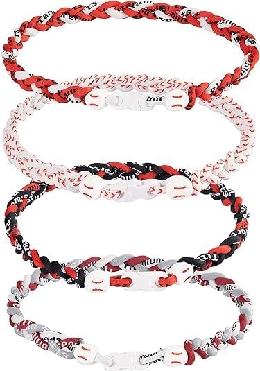 JEANUE 4 Pieces Baseball Necklaces for Boys,Three Braided Rope Tornado Sports Titanium Necklaces,Baseball Accessories Drip