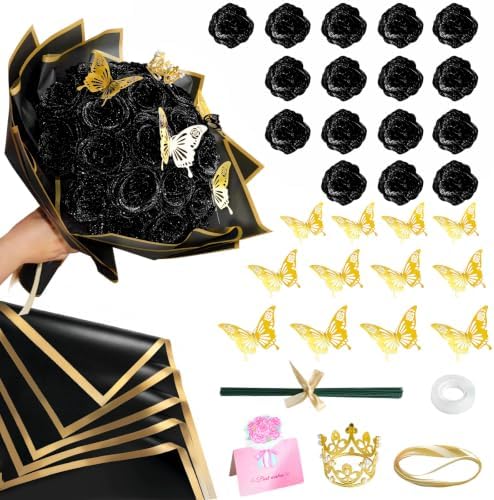 DIY Glitter Roses Bouquet Kit Black - 16 Fake Shiny Flowers with Stems Butterfly Crown Eternal Floral for Graduation Handmade Wedding Bouquet Anniversary Birthday Gift, for Her
