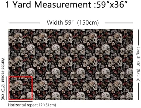 Feelyou Kids Sugar Skull Fabric By The Yard 10 Yards Gothic Skeleton Upholstery Fabric for Chairs Red Flroal Decorative Soft Flannel Botanical Leaf Pattern Grey