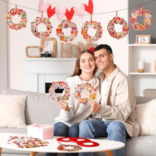 Hollowfly 48 Sets Vintage Valentine DIY Wreath Craft Kit for Kids Classroom