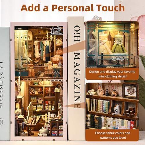fifijoy Book Nook Kit - DIY Miniature House Dollhouse Kit for Adults and Teens, Booknook Tiny House Bookshelf Decor 3D Wooden Puzzle, Gifts for Family Friends (Sewing Room)