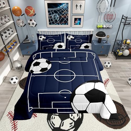 Football Boys Comforter Set, Ball Games Sports Theme Soccer Print Quilt Set for Kids Teens Gamer Room Decor, Football Court Pattern Polyester Bedding Set with 2 Pillowcases, White (King Size)