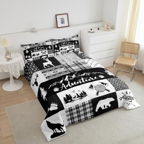 Castle Fairy Rustic Farmhouse Comforter Set Twin Size,Deer Bear Wolf Wild Animals Hunting Bedding Set for Kids Boys Men,Adventure Plaid Black Check Tribal Quilted Duvet Set with 1 Pillowcase