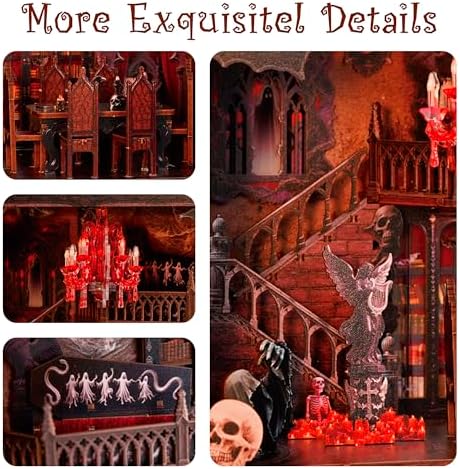 Haunted Manor DIY Miniature House Kit with LED Lights - Gothic Book Nook Decor, 3D Wooden Puzzle for Adults, Halloween Home Decoration (AAA Batteries Not Included)