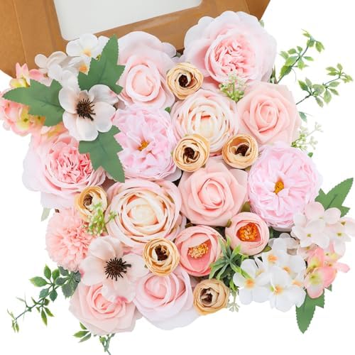 Floweroyal Artificial Flowers Combo Pink Flowers Mix Silk Flowers Roses Peonies with Stems for DIY Wedding Bridal Bouquets, Baby Shower, Floral Arrangement, Table Centerpieces, Home Decorations.