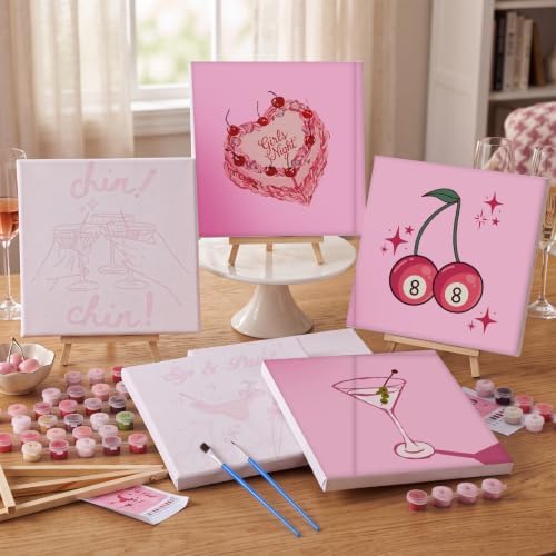 YooNotee 6 Pack Paint by Numbers Kit for Adults Sip and Paint Party 8x8 Inch Canvas with Acrylic Paints Brushes & Easels, Cocktail Wine Cake Floral Themed Painting Set for Girls Night