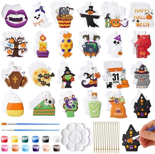 Seenelling 24 Sets DIY Painting Kits Paint Your Own Ceramics Monsters Ghost Unpainted Plaster Statues Arts and Crafts with Brush, Lanyard for Classroom Kid DIY Paint Craft Kit(Fun)
