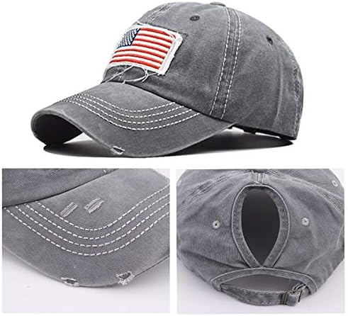 Distressed Ponytail Hat for Women American-Flag Pony Tail Caps High Bun