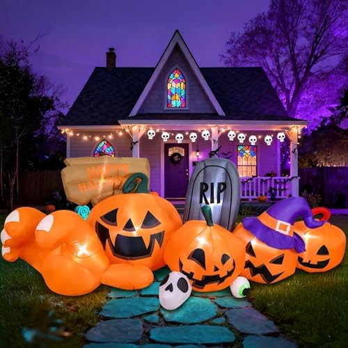 Garma 9.2 Ft Halloween Inflatables Outdoor Decorations, Long Inflatable Blow Ups Yard Decoration Pumpkin with Build-in LEDs, Gravestone and Witch Hat for Halloween Party Indoor, Lawn, Garden Decor