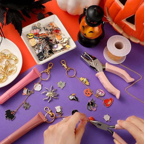 VioraWhite 213 Pcs Halloween Theme Lip Gloss Keychain Making Kit 100 Pink Enamel Charms 32.81 ft Gold Chains for DIY Crafts Women