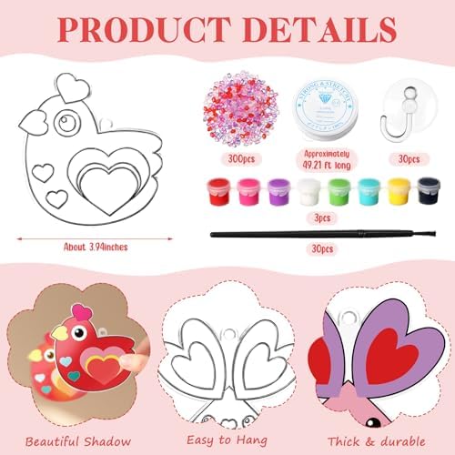 Dunzoom 30 Pack Valentine's Day Suncatcher Craft Kits for Classroom Exchange - DIY Pink Heart Paint Art Set - Bulk Valentines Party Favors Gifts, Non-Candy Activity, Window Ornaments Decor