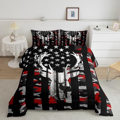 American Flag Queen Comforter Set,Red Camouflage Grey Antlers and Leaves Down Comforter for Man Adult,Camo Hunting Deer Animal Camping Bedding Set Stars Stripes USA Flag Quilt,Farmhouse Style