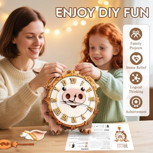 3D Puzzles for Adults Wooden Pig Puzzle Clock Adult Crafts
