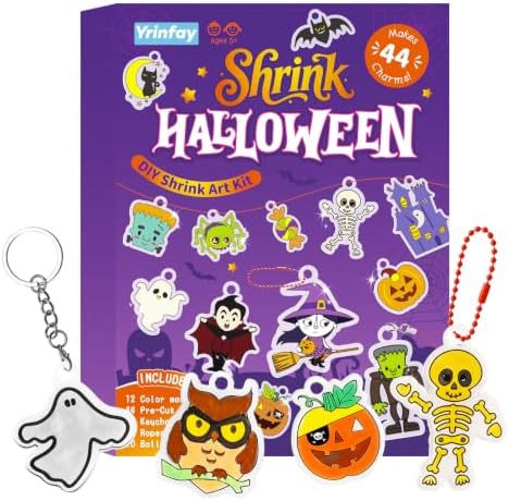 Yrinfay DIY Halloween Shrinking Plastic Art Kit - 44 Pre-Cut Shapes, 12 Markers & Accessories - Make Charms, Keychains & Tags - No-Mess Craft for Kids - Birthday Gift with Shrinking Plastic Sheets