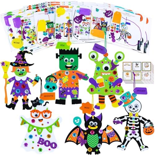 Winlyn 24 Sets Halloween Craft Kits Individual Fall Crafts DIY Bat Ghost Monster Witch Skeleton Frankenstein Ornaments Foam Halloween Arts and Crafts for Kids Holiday Classroom Activities Party Favors