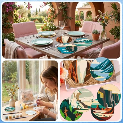 8 Pack Mountain Paint by Numbers Kits Coasters with Holder Cork Pads