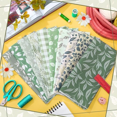Hahafelt 10 Pcs Sage Green Quilting Fabric Bundles 20 x 20 Inch