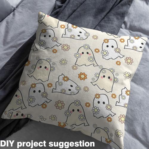 Jejeloiu Happy Halloween Fabric by The Yard Kawaii Ghost Printed Upholstery Fabric Yellow Ghost Floral Waterproof Indoor Outdoor Decor for DIY Sewing Craft Projects 5 Yards