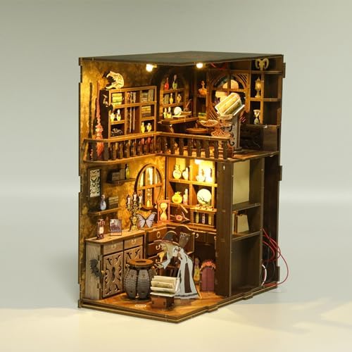 Magic Academy Book Nook Kit with LED Lights - 3D Wooden DIY Miniature Library for Bookshelf Decor, Gift for Harry Potter Fans