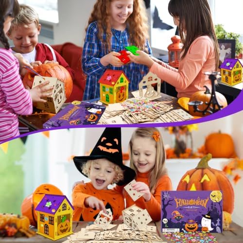 Fennoral 7 Pack Wooden Pumpkin House Craft for Kids Make You Own 3D Halloween House DIY Paint Art and Craft for Classroom Art Projiect Halloween Party Decoration