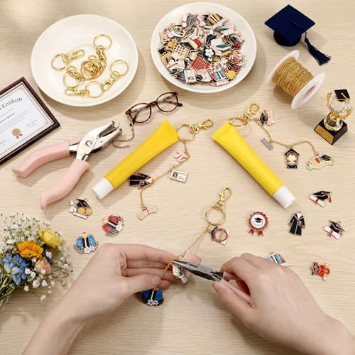 VioraWhite 213 Pcs Graduation Theme Lip Gloss Keychain Making Kit Class of 2026 100 Grad Enamel Charms 32.81 ft Gold Chains for DIY Crafts Women End of Year Gifts Congrats Grad Party Favors Decoration