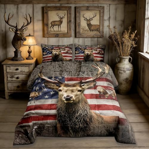American Flag Deer Comforter Set Twin Size, Kids Boys Room Decor Brown Wildlife Animal and Trees Theme Bedding Comforters, Colorful USA Flag Print Natural Duvet Set with 1 Pillowcase, Soft