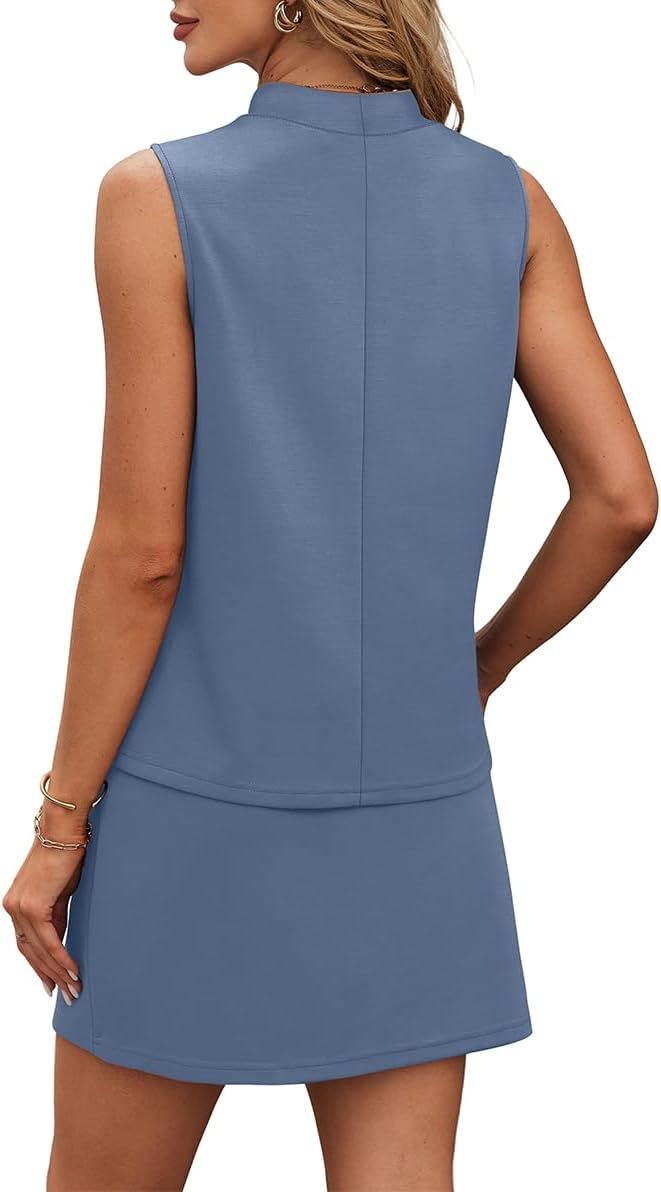 XIEERDUO Two Piece Skirt Sets for Women Summer Beach Vacation Resort Cruise Outfits Mock Neck Tops Tennis Skirt Sets
