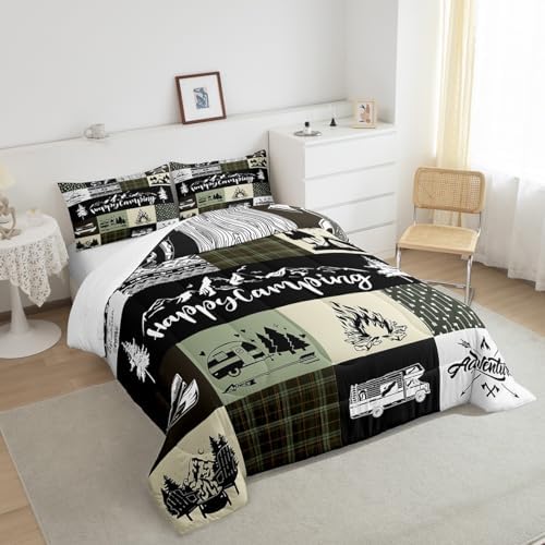 Castle Fairy Camper Adventure Comforter Set Queen Size,Happy Camping Plaid Travel Trailers Decor Bedding Set for Women Adult,Retro Tribal Aztec Exotic Luxury Bed Duvet Insert, 2 Pillowcases