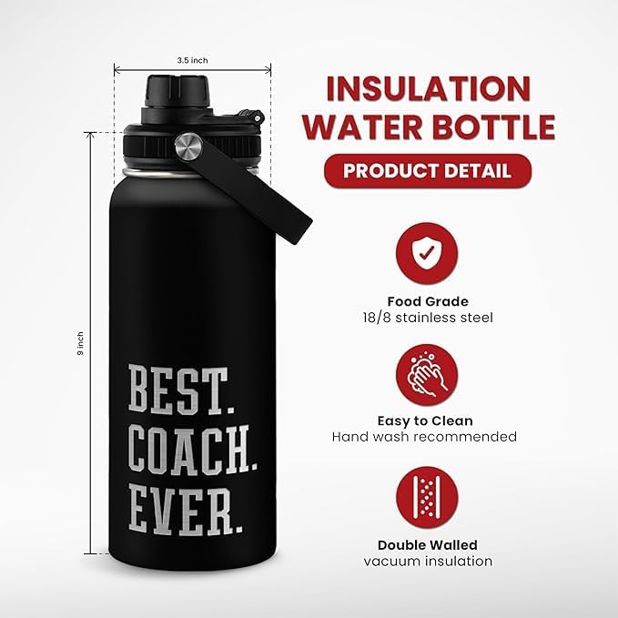 Sport Coach Insulated Engraved Stainless Steel Water Bottle 32oz, Best Coach Ever, Vacuum Chug Lid Travel Tumbler For Men Friends Coaches, Birthday Christmas