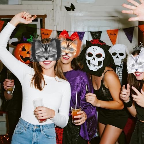J6&H6 41 Pcs DIY Therian Mask Kit with Exclusive Ghost Stickers, Blank Cat Mask,Fabric Sheet, Faux Fur and Eye Mesh Suitable for Christmas Ghost Role-Playing Parties(Mised)