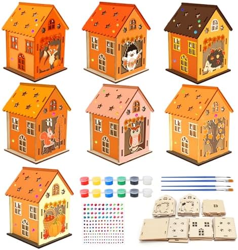 Fennoral 14 Pack Wooden Fall House Craft for Kids Make You Own Fall Animals House DIY Paint Fall Art and Craft for Autumn Art Projiect Thanksgiving Party Decoration