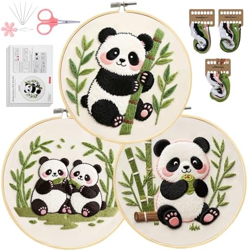 Santune Beginners Embroidery Kit for Adult Needlepoint Cross Stitch Kits Needle Point Sets with Panda Embroidery Patterns, Includes Step-By-Step Instructions and Accessories