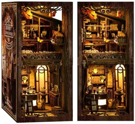 Book Nook Serenity Coffee House 3D Wooden DIY Miniature Kit with LED Lighting - Vintage Bookshelf Decor for Adults